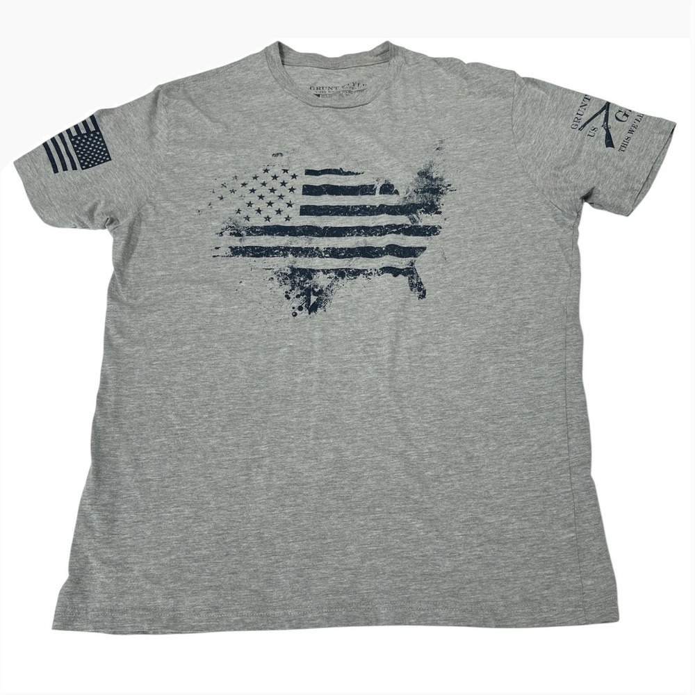 Grunt Style Mens Large Gray Distressed American Flag Map Graphic T-Shirt L